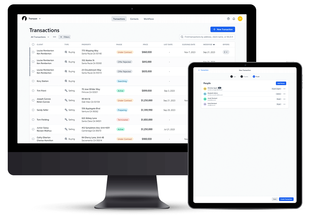 Preview of Lone Wolf real estate software for brokerages and agents, showing transaction management capabilities on multiple devices.