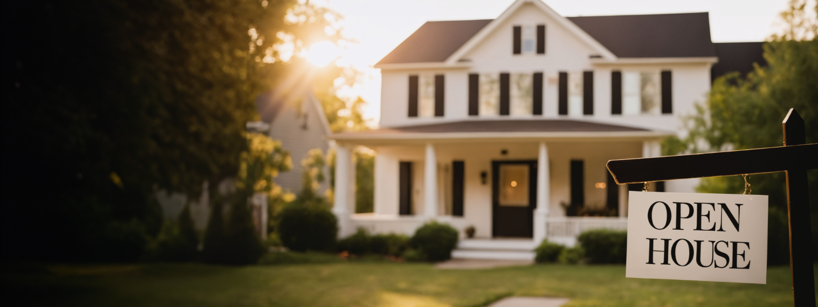 A big house with an "open house" sign in front of it. 