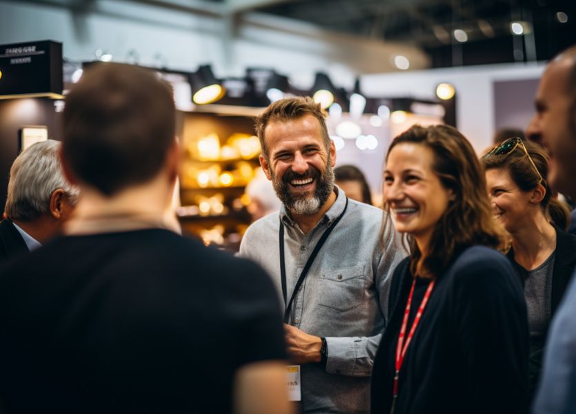 A group of smiling people having conversations at a conference. 