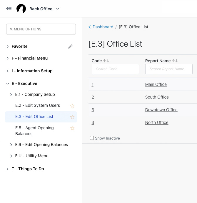 Lone Wolf Back Office screenshot showing the office list (e.3) page
