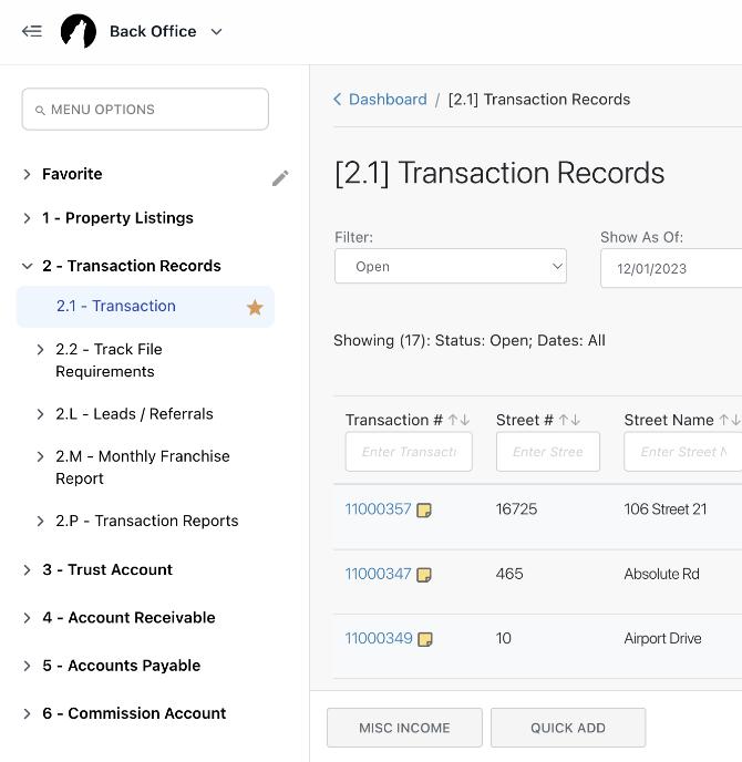 Back Office screenshot showing Transaction records 2.1 screen