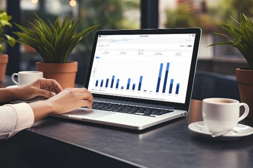 Person typing on a laptop at a desk with BrokerMetrics graphs displayed on the screen.