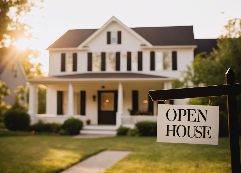 A big house with an "open house" sign in front of it. 